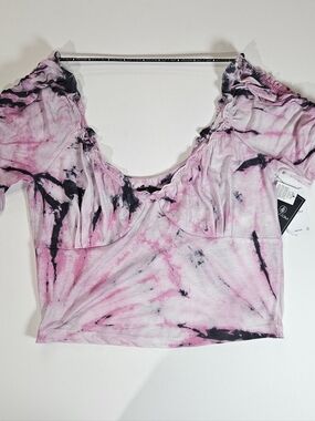 NWT Volcom Crop Top Womens Large Pink Black White Tie Dye Ruched‎ Puff Sleeves